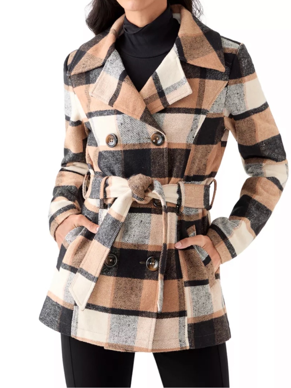 Vine & Valley Womens Plaid Faux Wool Belted Peacoat Jacket - Beige/Black